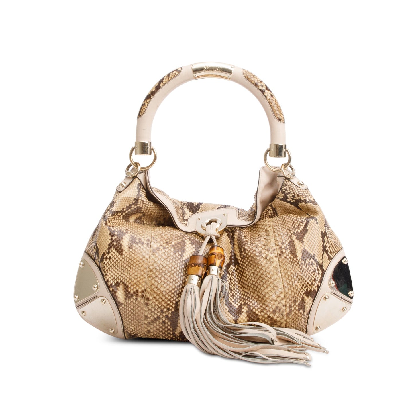 Gucci Beige Leather Trim Python Medium Indy Babouska Hobo