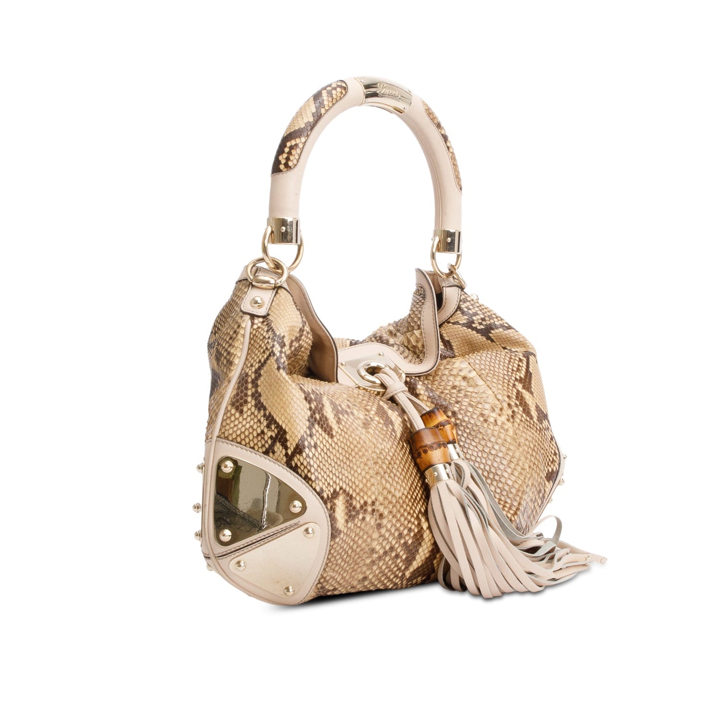 Gucci Beige Leather Trim Python Medium Indy Babouska Hobo