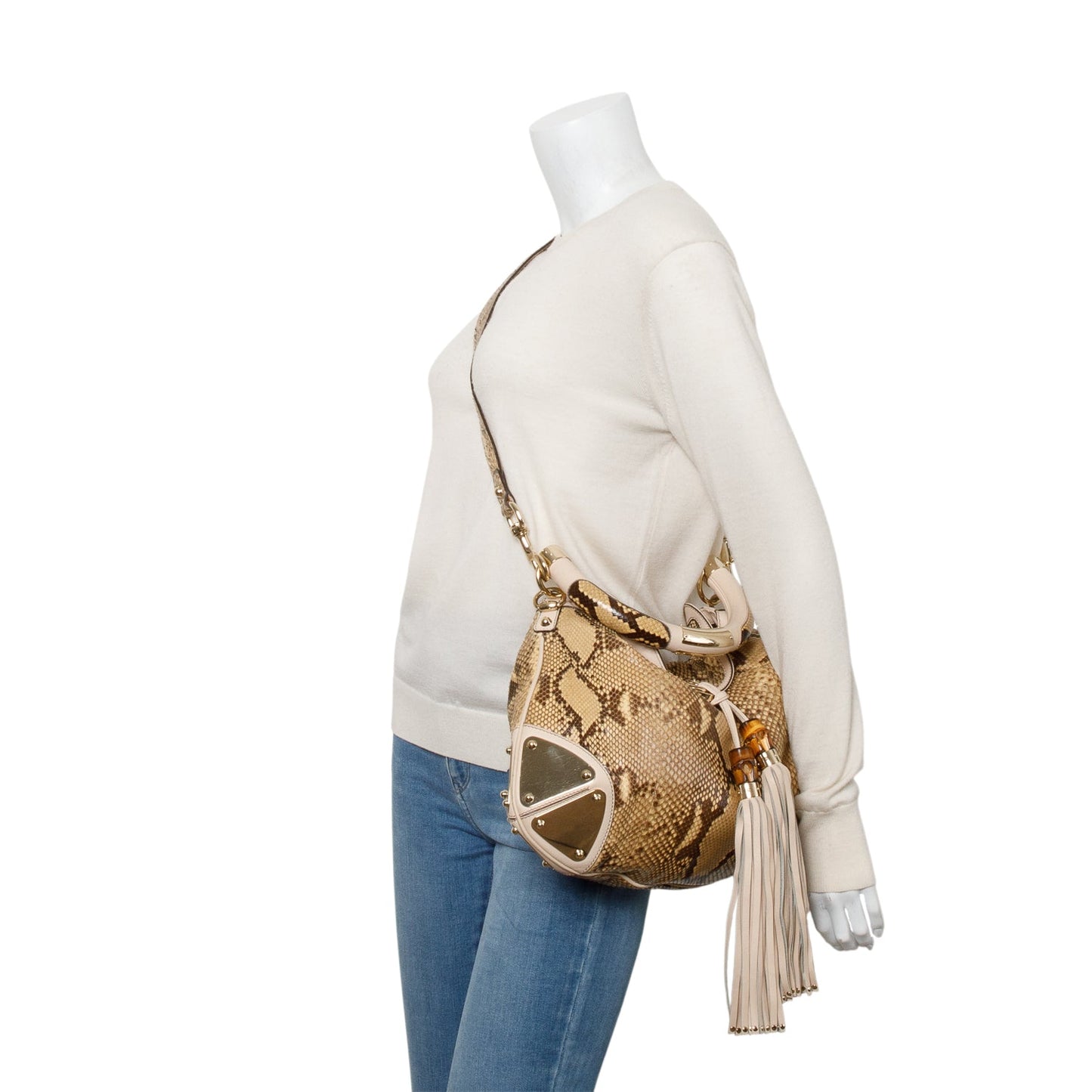 Gucci Beige Leather Trim Python Medium Indy Babouska Hobo