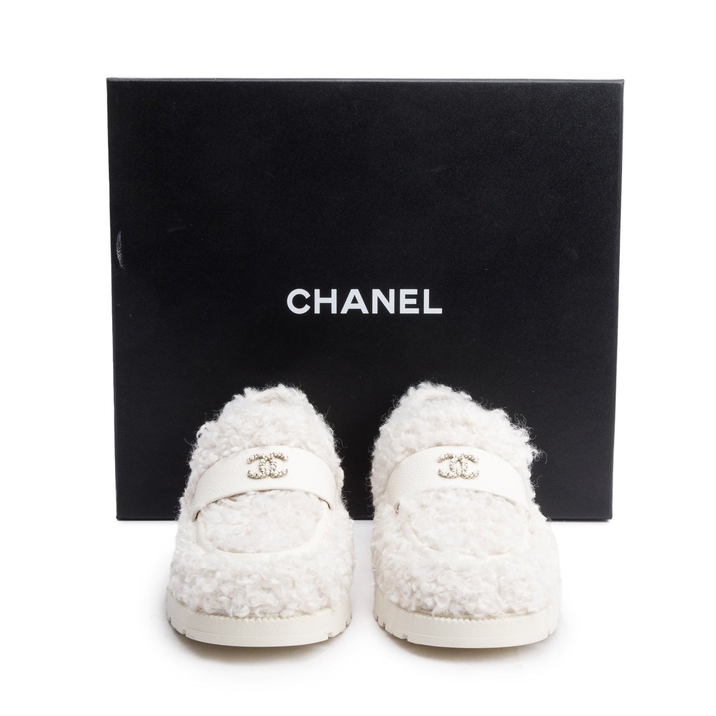 Chanel White Shearling Interlocking CC Logo Loafer, Size 37