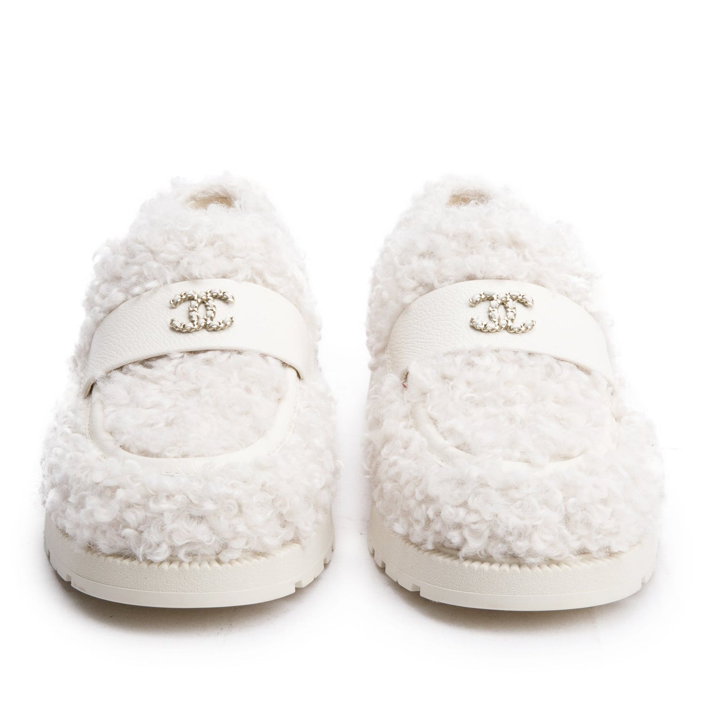 Chanel White Shearling Interlocking CC Logo Loafer, Size 37