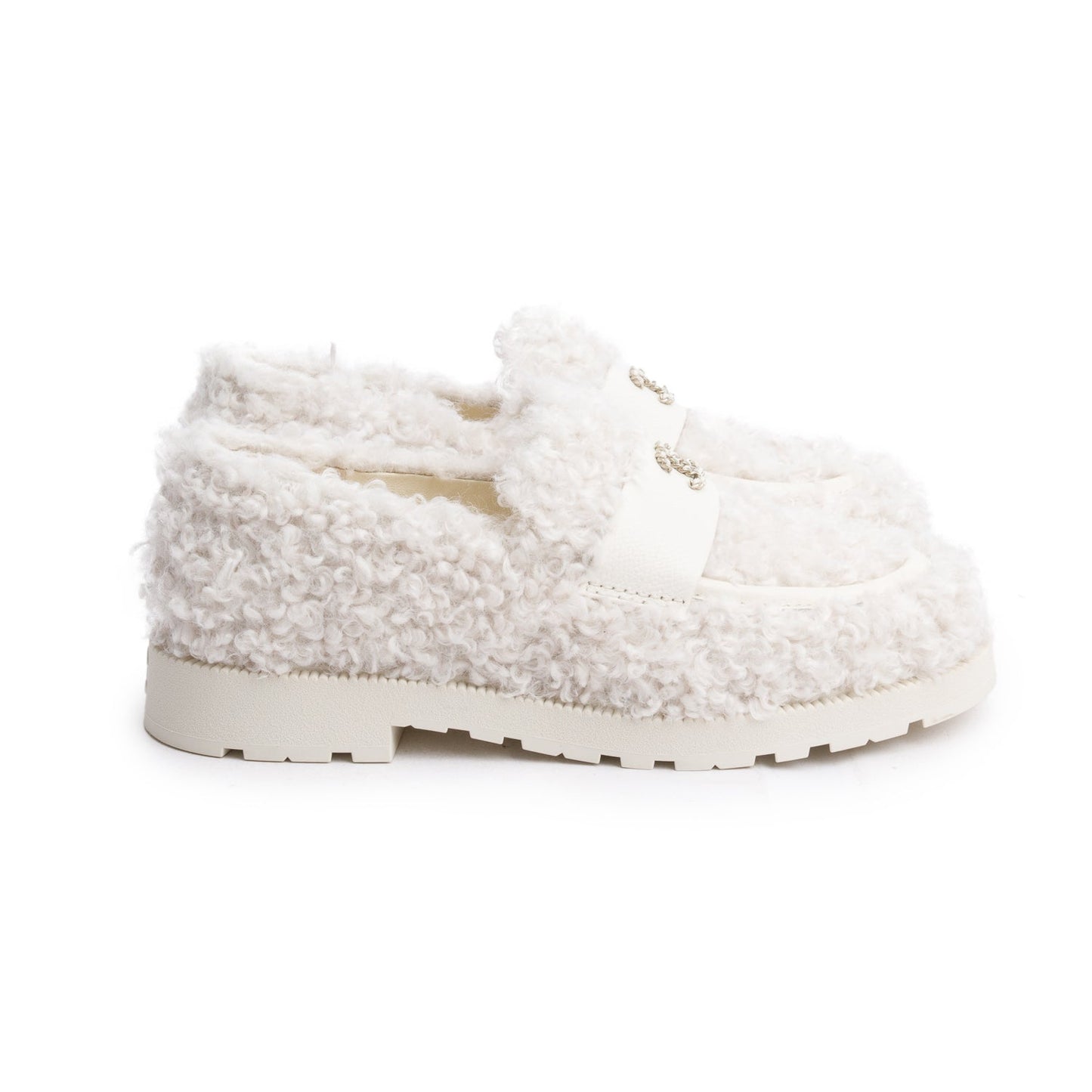 Chanel White Shearling Interlocking CC Logo Loafer, Size 37