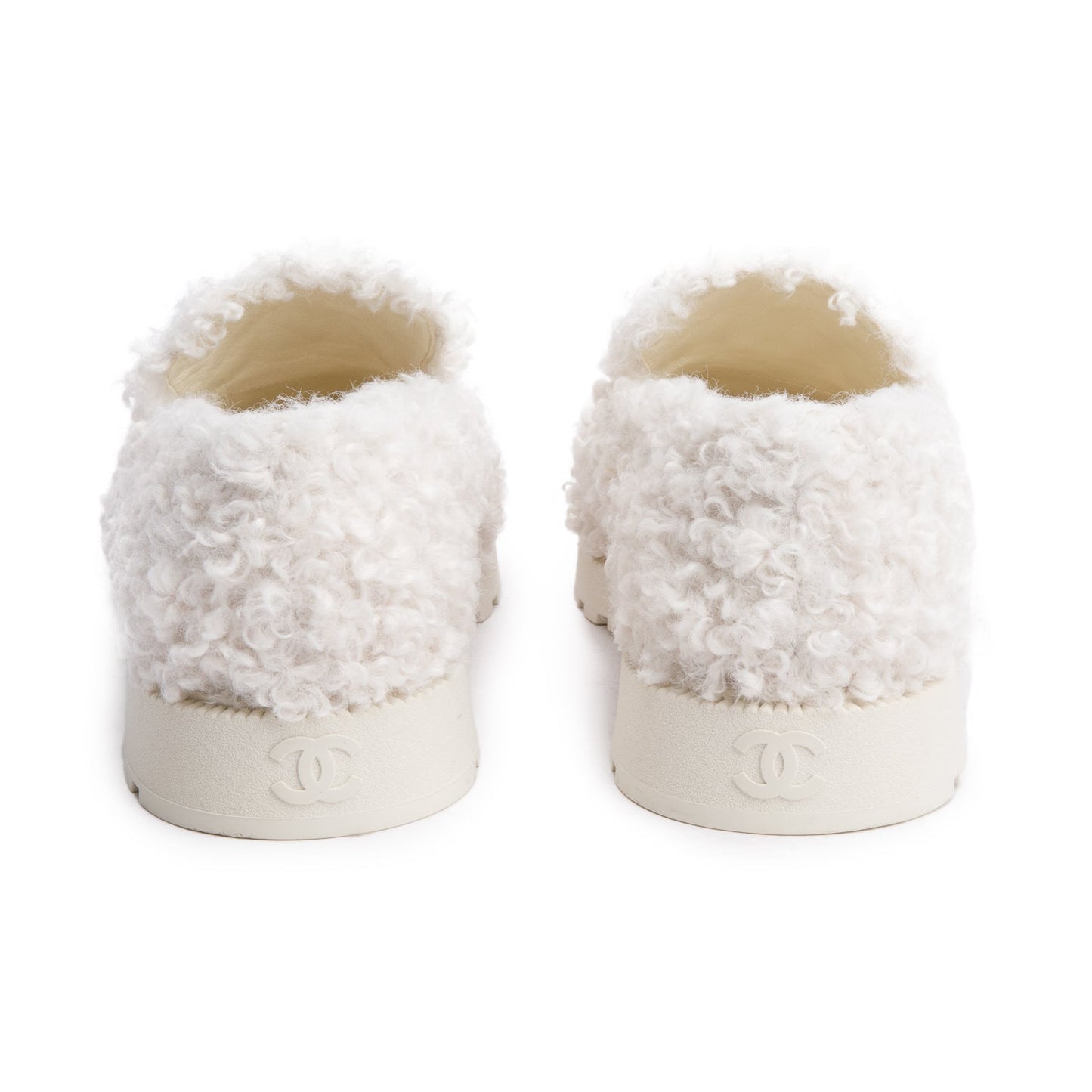 Chanel White Shearling Interlocking CC Logo Loafer, Size 37