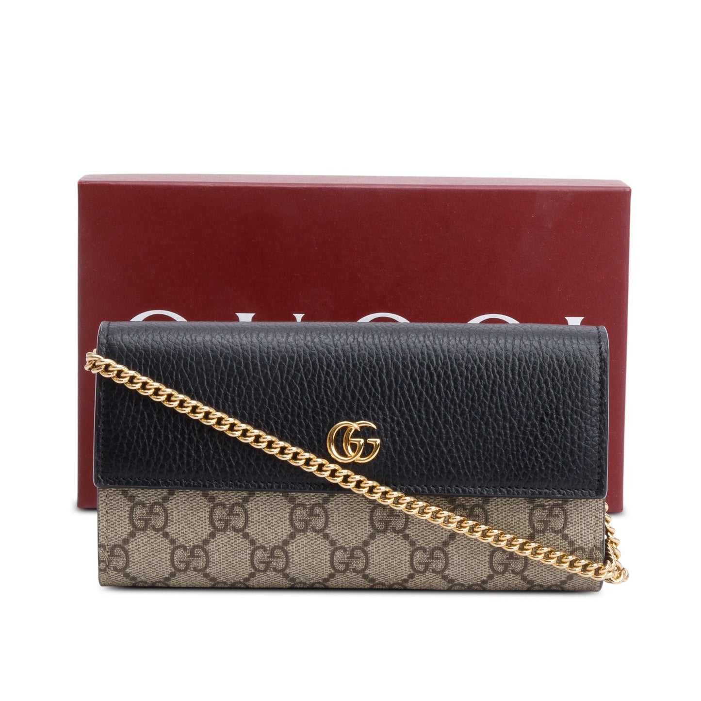 Gucci Black Calfskin Leather GG Supreme Marmont Bi-Color Wallet On Chain