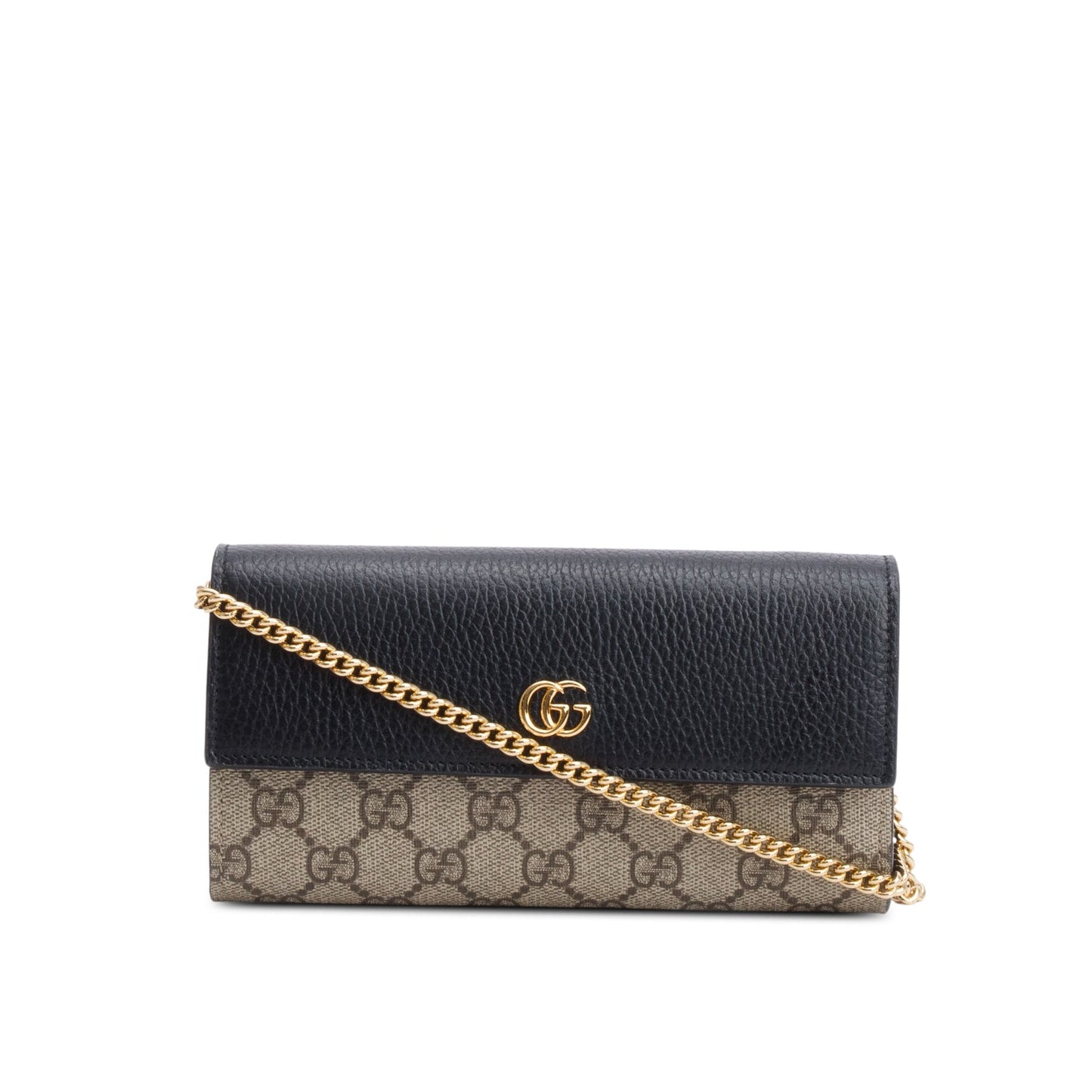 Gucci Black Calfskin Leather GG Supreme Marmont Bi-Color Wallet On Chain