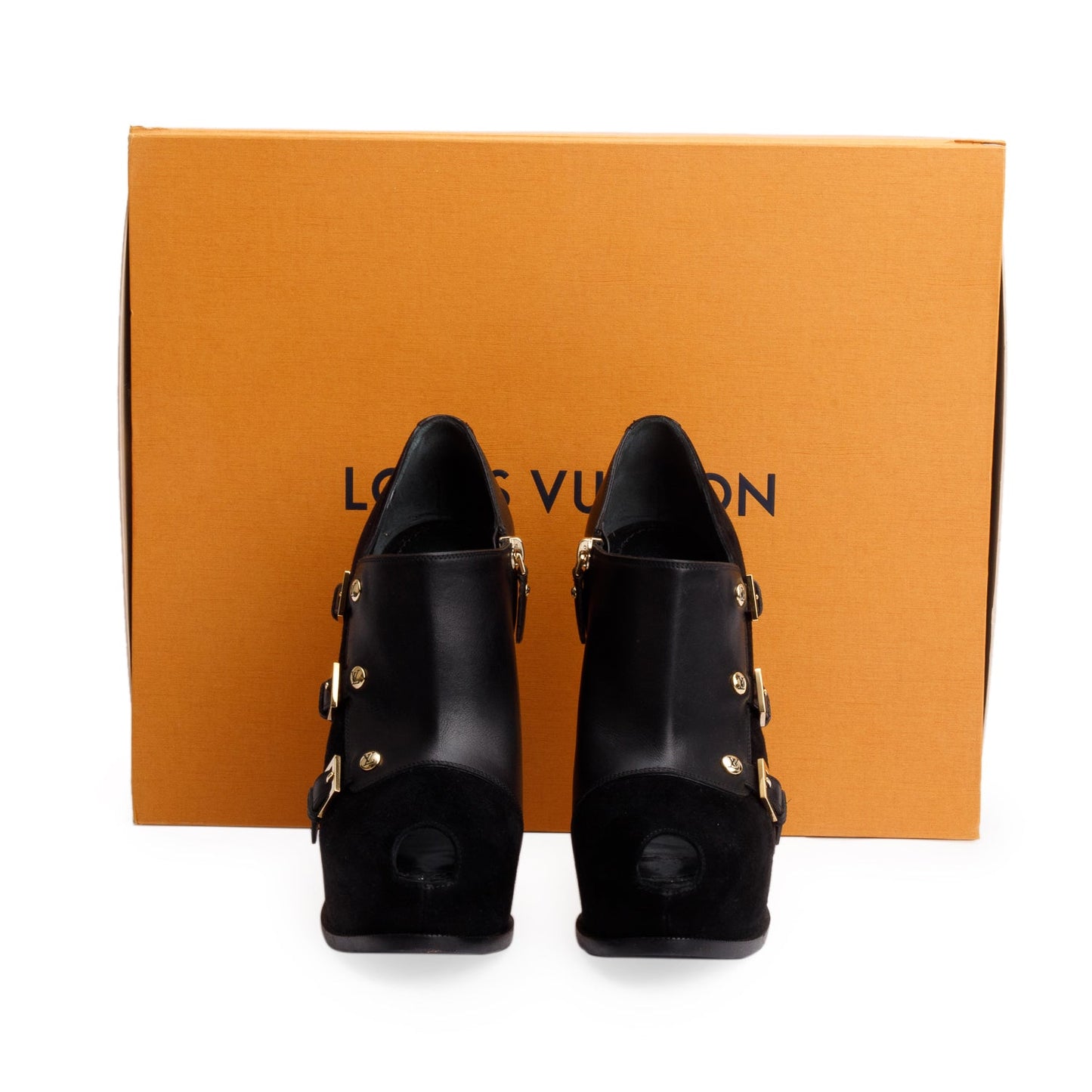Louis Vuitton Black Leather Suede Platform Brigade Ankle Booties, Size 37.5