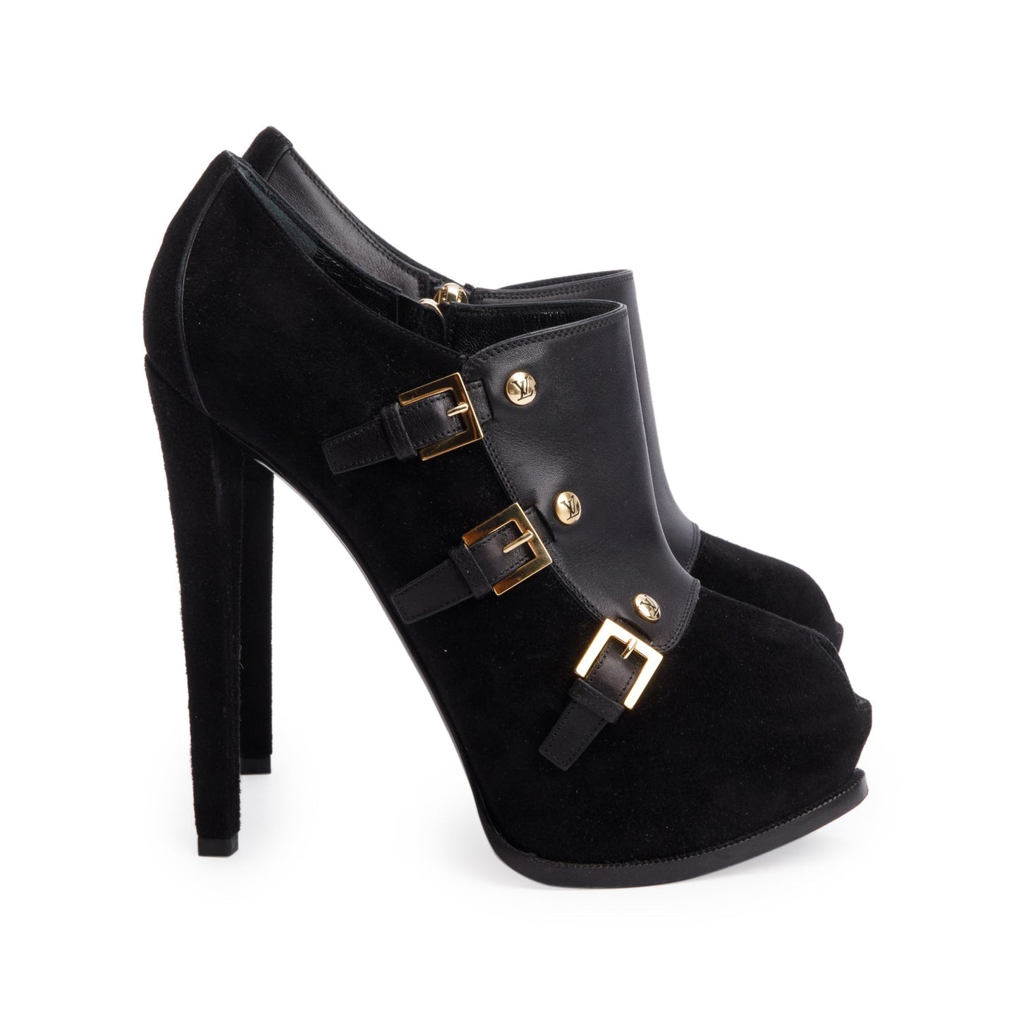 Louis Vuitton Black Leather Suede Platform Brigade Ankle Booties, Size 37.5