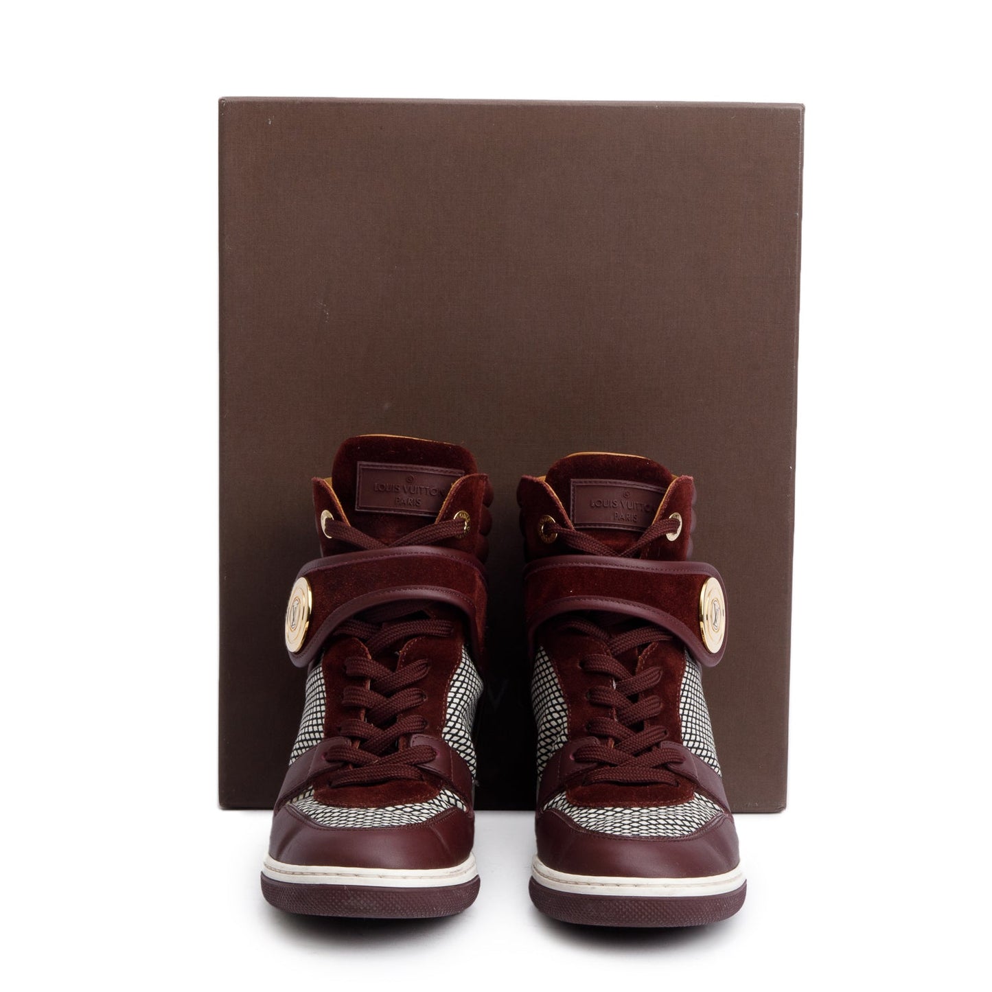 Louis Vuitton Burgundy Suede/Leather Postmark Wedge High-Top Sneakers, Size 37.5