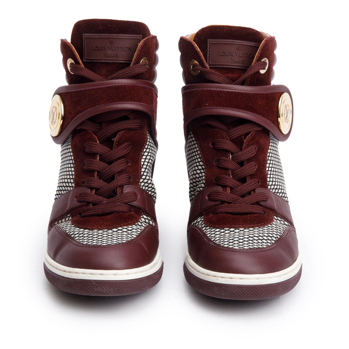 Louis Vuitton Burgundy Suede/Leather Postmark Wedge High-Top Sneakers, Size 37.5