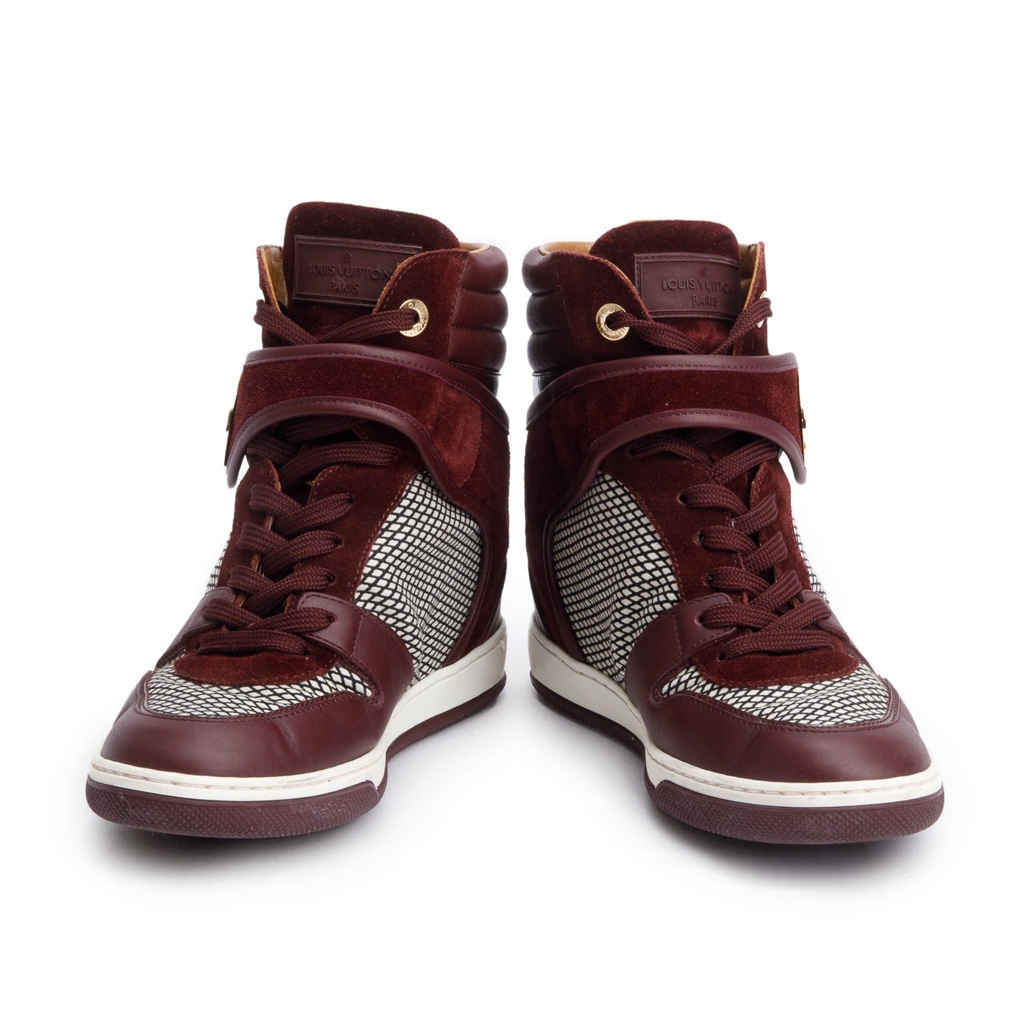 Louis Vuitton Burgundy Suede/Leather Postmark Wedge High-Top Sneakers, Size 37.5