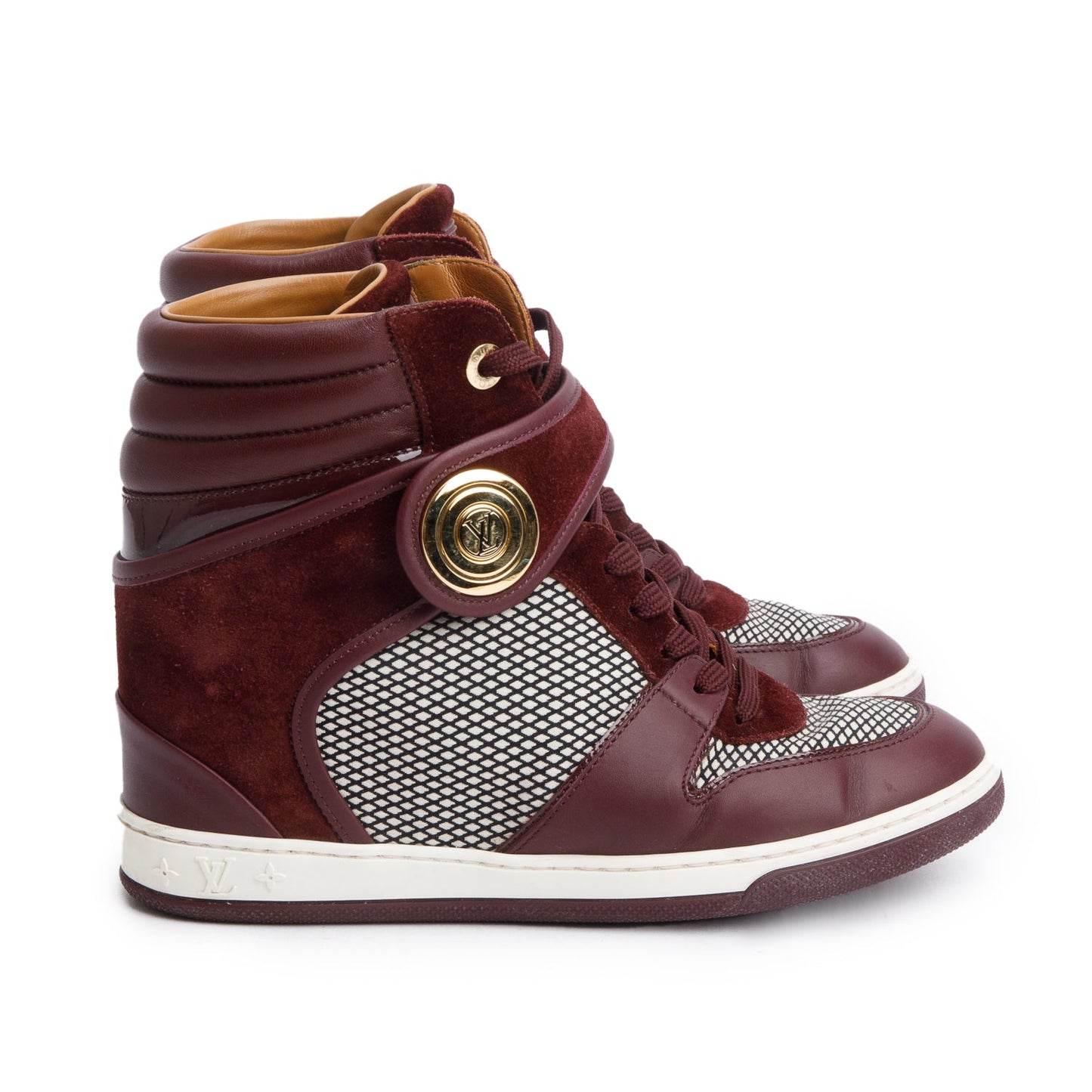 Louis Vuitton Burgundy Suede/Leather Postmark Wedge High-Top Sneakers, Size 37.5