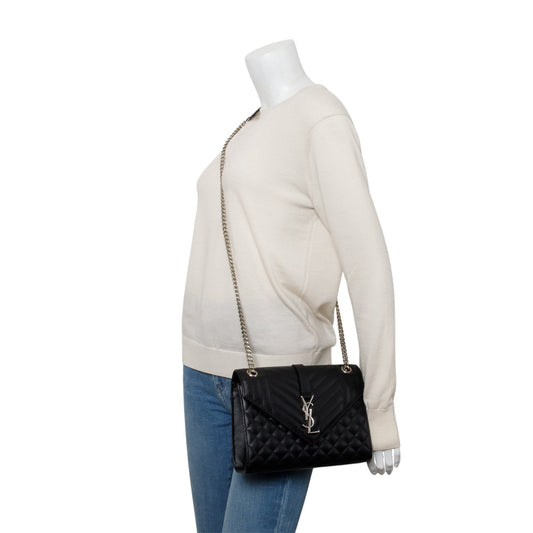 Saint Laurent Black Grained De Poudre Medium Envelope Shoulder Bag
