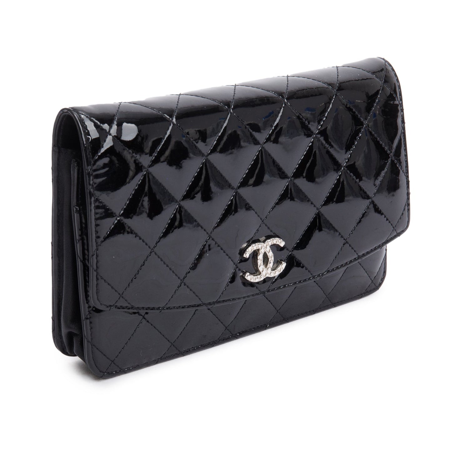 Chanel Black Quilted Patent Leather Classic Wallet on Chain