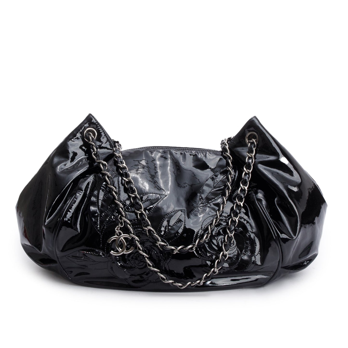 Chanel Black Patent Leather Tweed Petals Accordion Tote