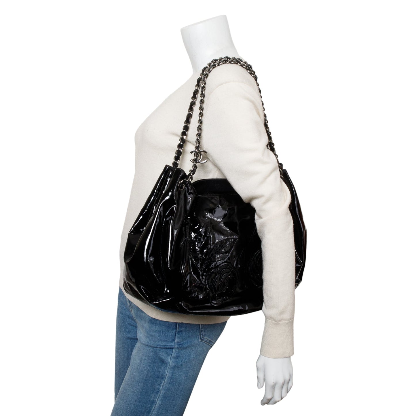 Chanel Black Patent Leather Tweed Petals Accordion Tote
