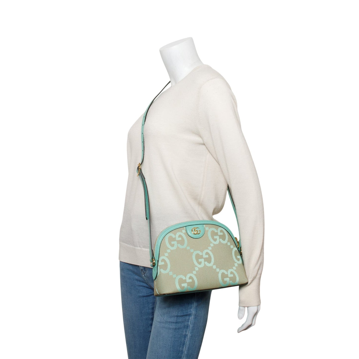 Gucci Green Calfskin Leather Trim Jumbo GG Canvas Small Ophidia Dome Crossbody Bag