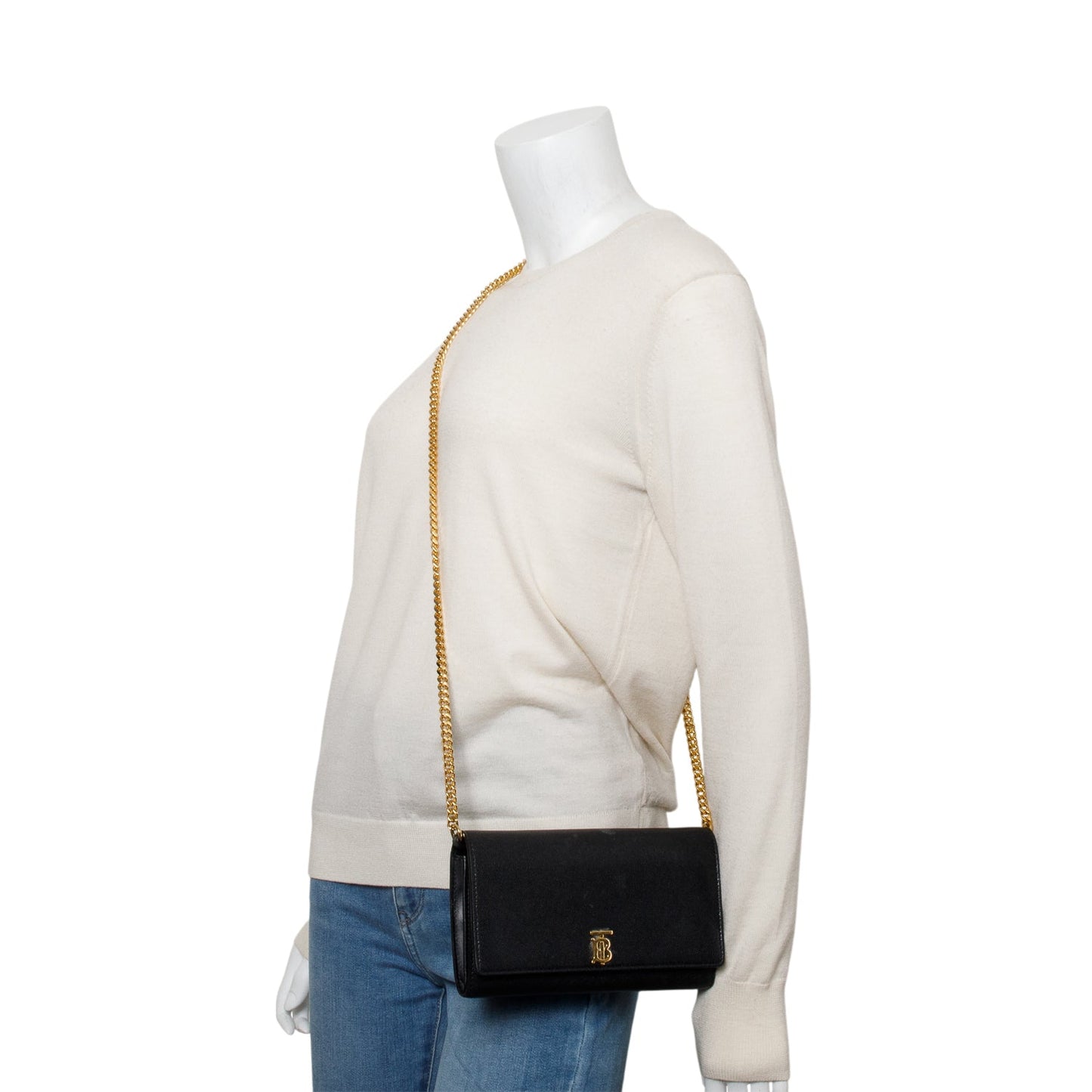 Burberry Black Calfskin Leather TB Hanna Wallet on Chain