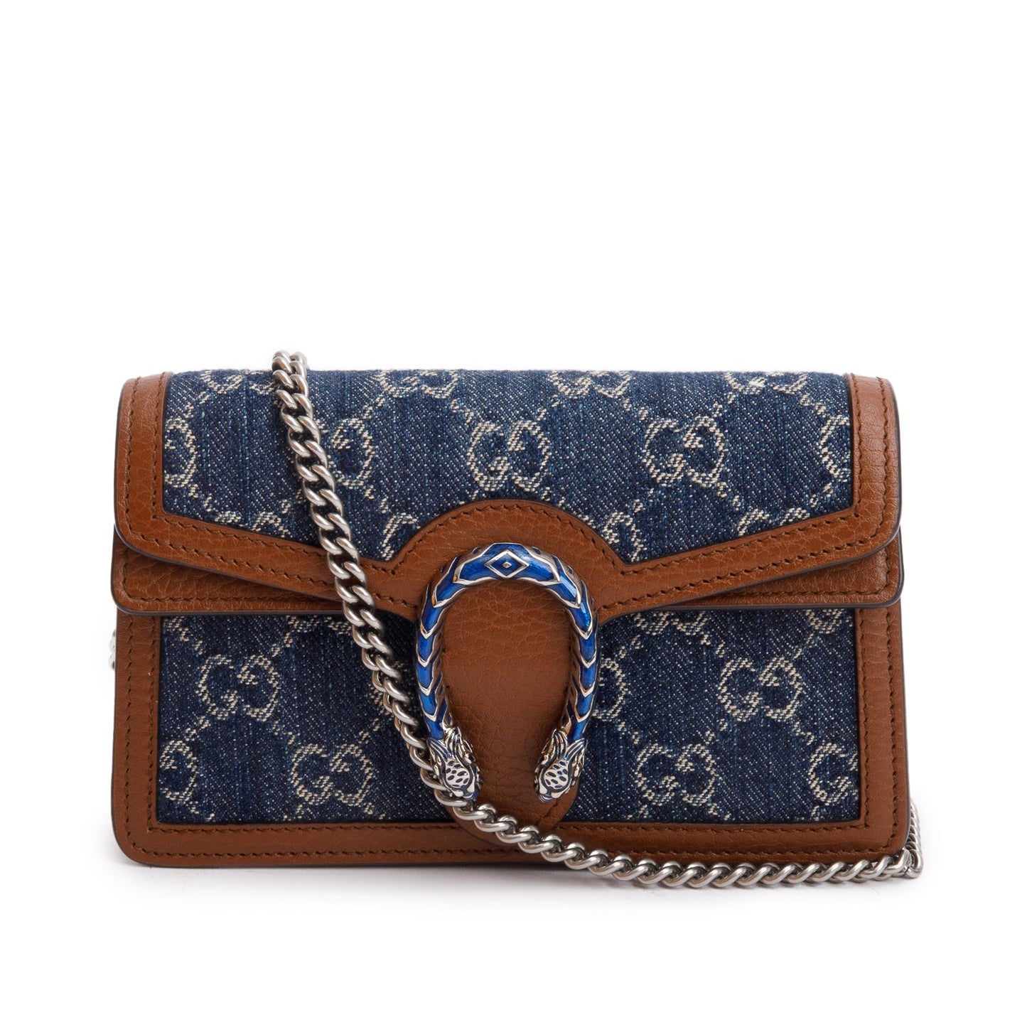 Gucci Brown Leather  Blue GG Denim Dionysus Super Mini Bag