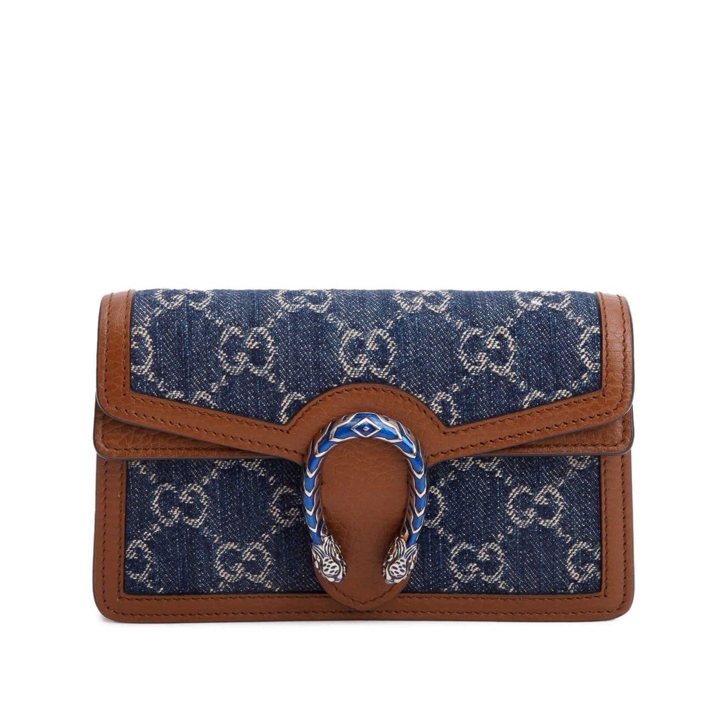 Gucci Brown Leather  Blue GG Denim Dionysus Super Mini Bag