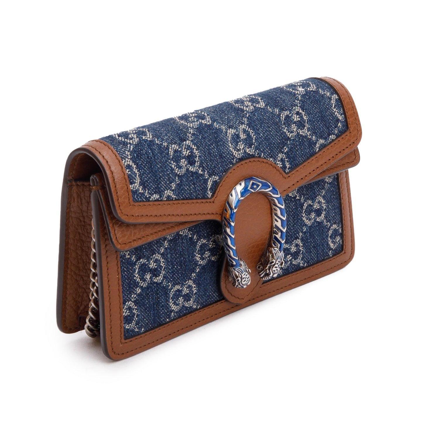 Gucci Brown Leather  Blue GG Denim Dionysus Super Mini Bag