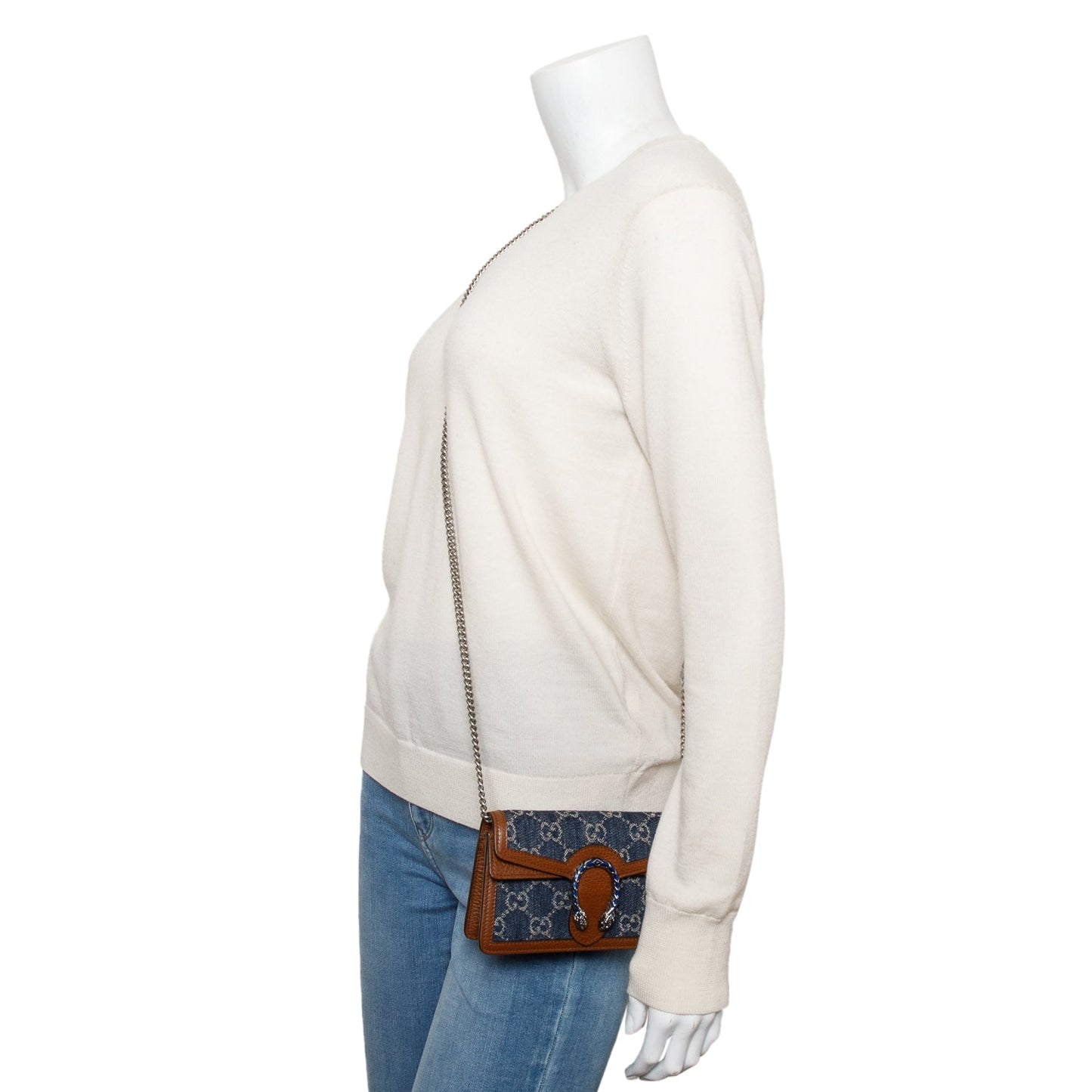 Gucci Brown Leather  Blue GG Denim Dionysus Super Mini Bag