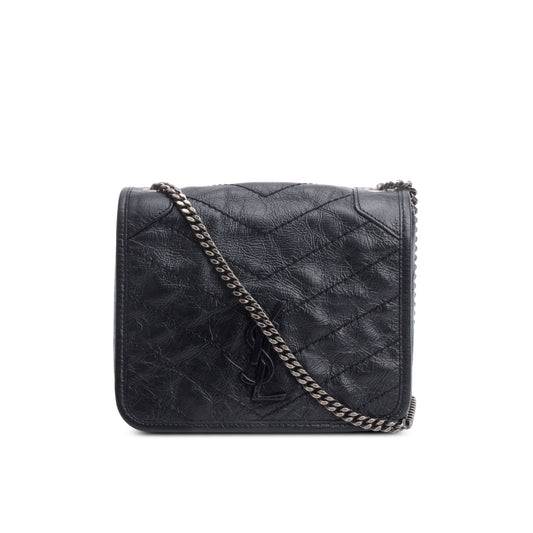 Saint Laurent Black Crinkled Calfskin Matelasse Leather Niki Chain Wallet
