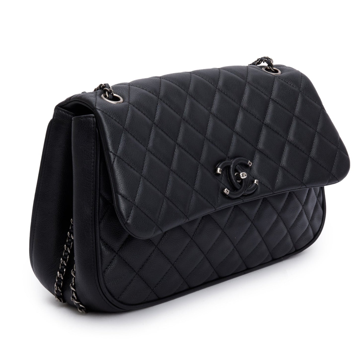 Chanel Black Quilted Calfskin Leather Large Frame In Chain Flap Bag