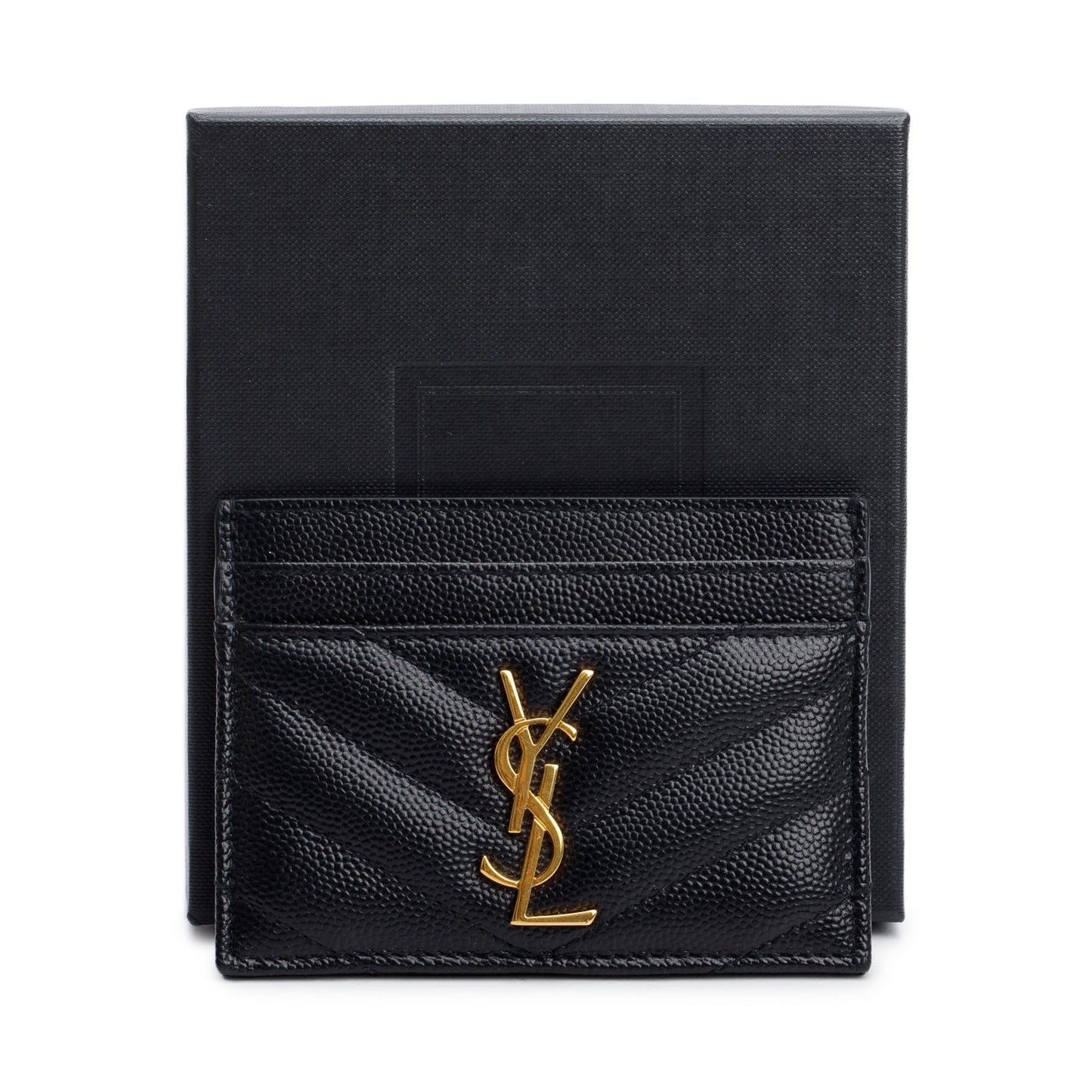 Saint Laurent Black Grain de Poudre Matelasse Chevron Leather Card Holder