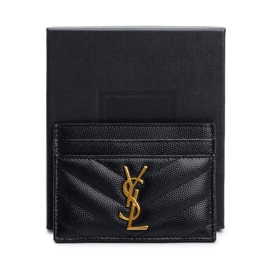 Saint Laurent Black Grain de Poudre Matelasse Chevron Leather Card Holder