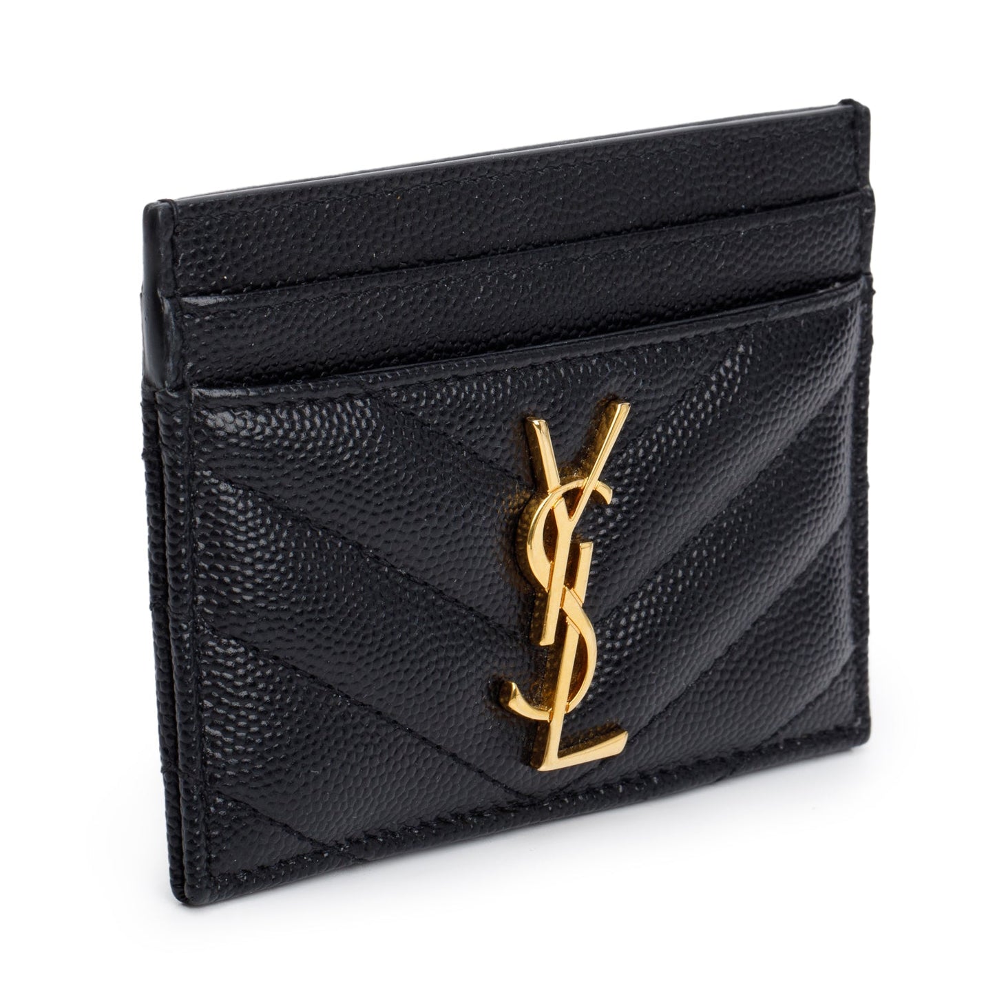 Saint Laurent Black Grain de Poudre Matelasse Chevron Leather Card Holder