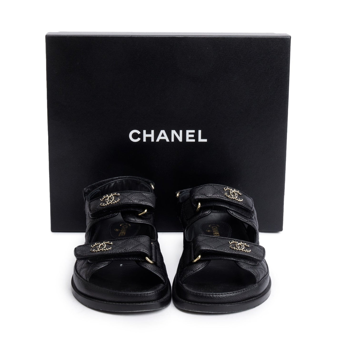 Chanel Black Caviar Leather Interlocking CC Logo Sandals, Size 36.5