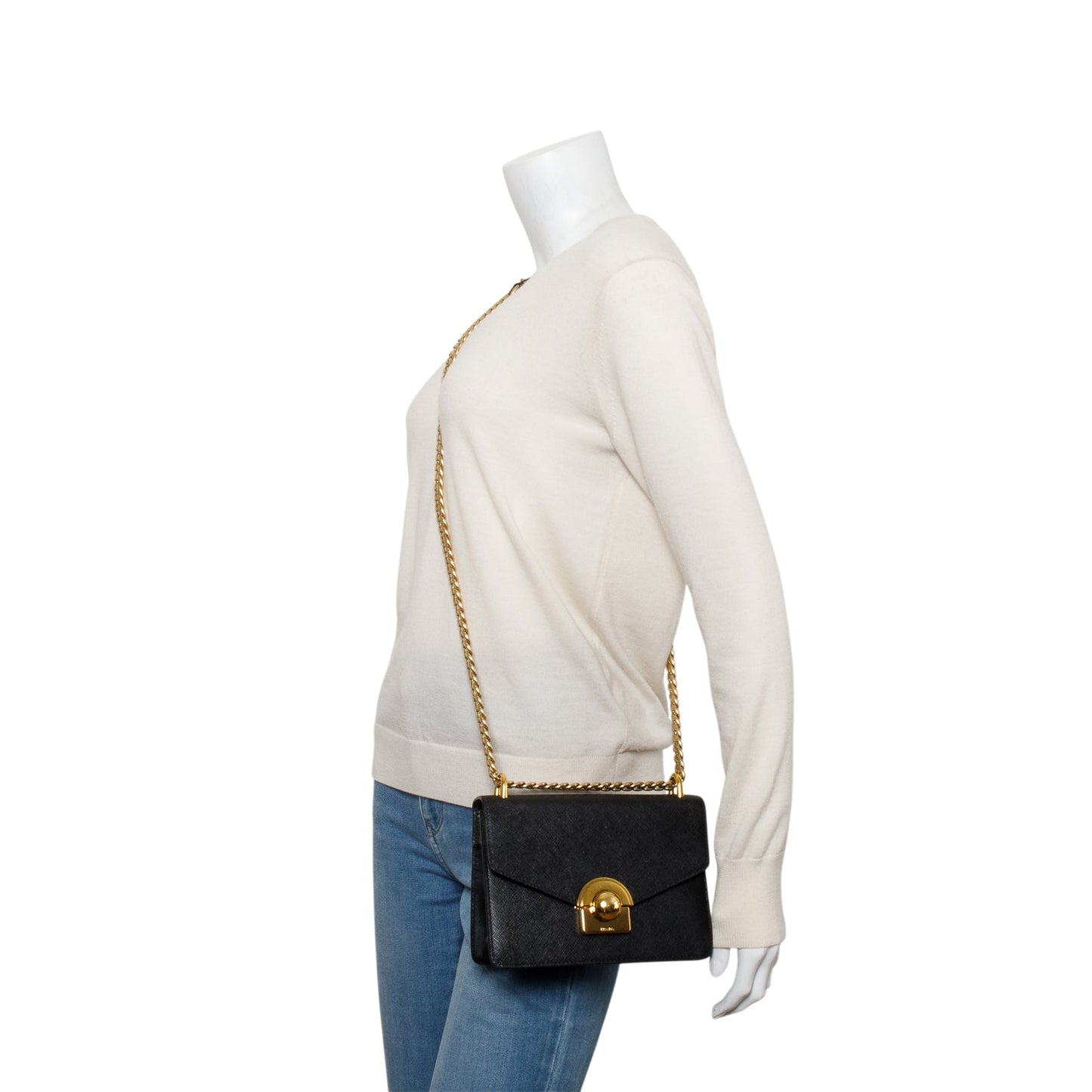 Prada Black Saffiano Soft Calf Leather Arcade Shoulder Bag