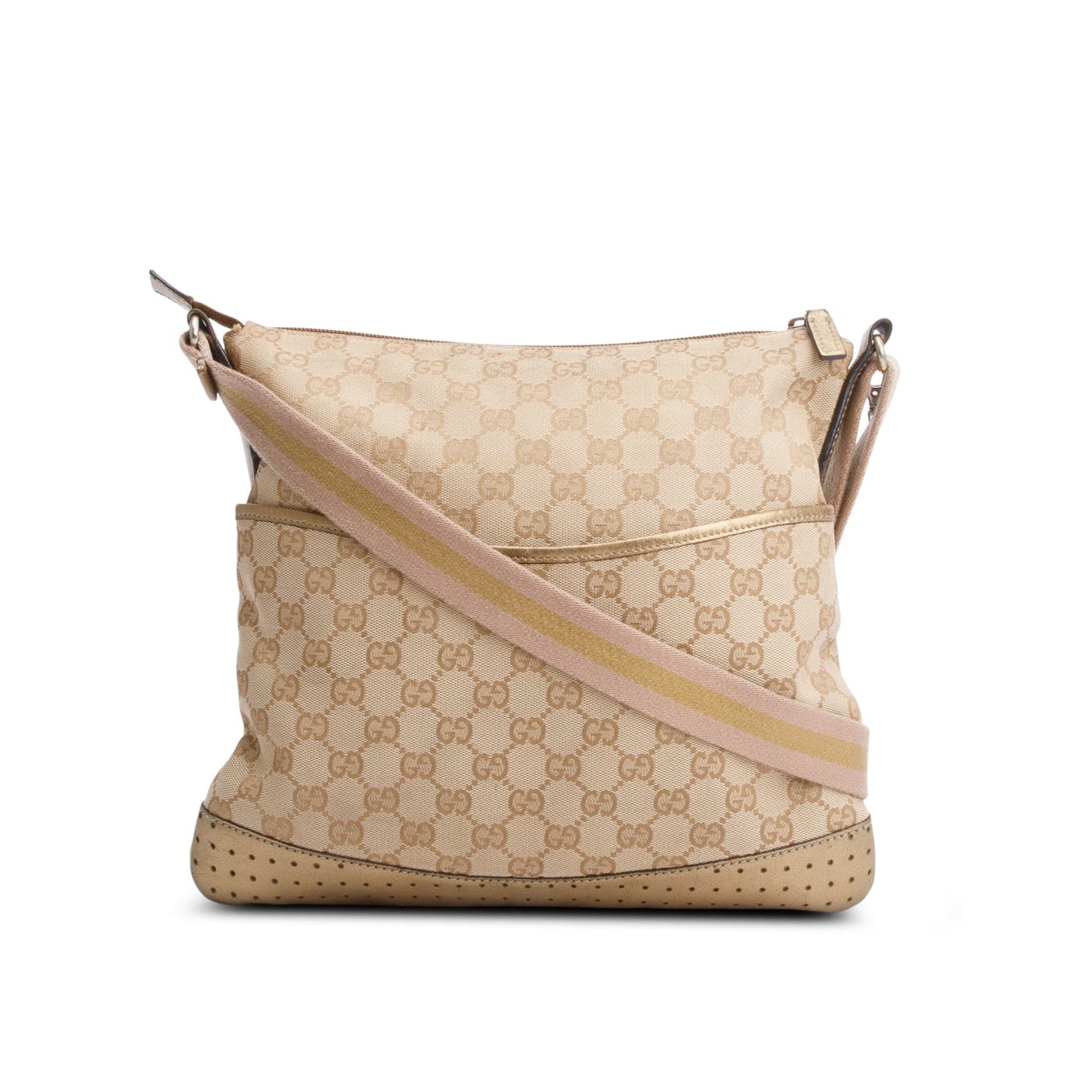 Gucci Gold Leather Trim GG Canvas Perforated Medium Messenger Bag