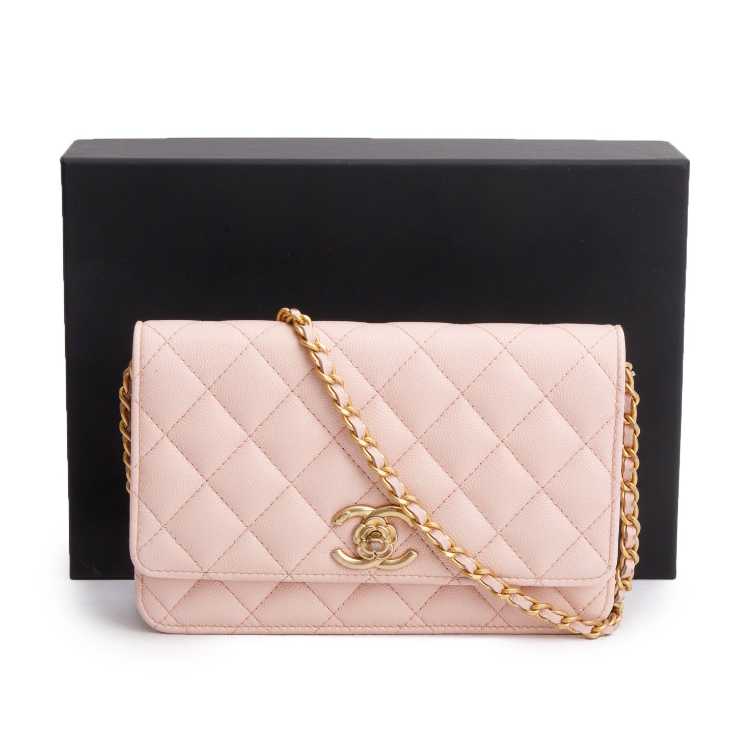 Chanel 2024 Pink Quilted Caviar Leather Camellia Classic Wallet on Chain