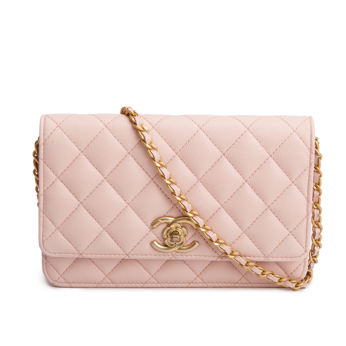 Chanel 2024 Pink Quilted Caviar Leather Camellia Classic Wallet on Chain