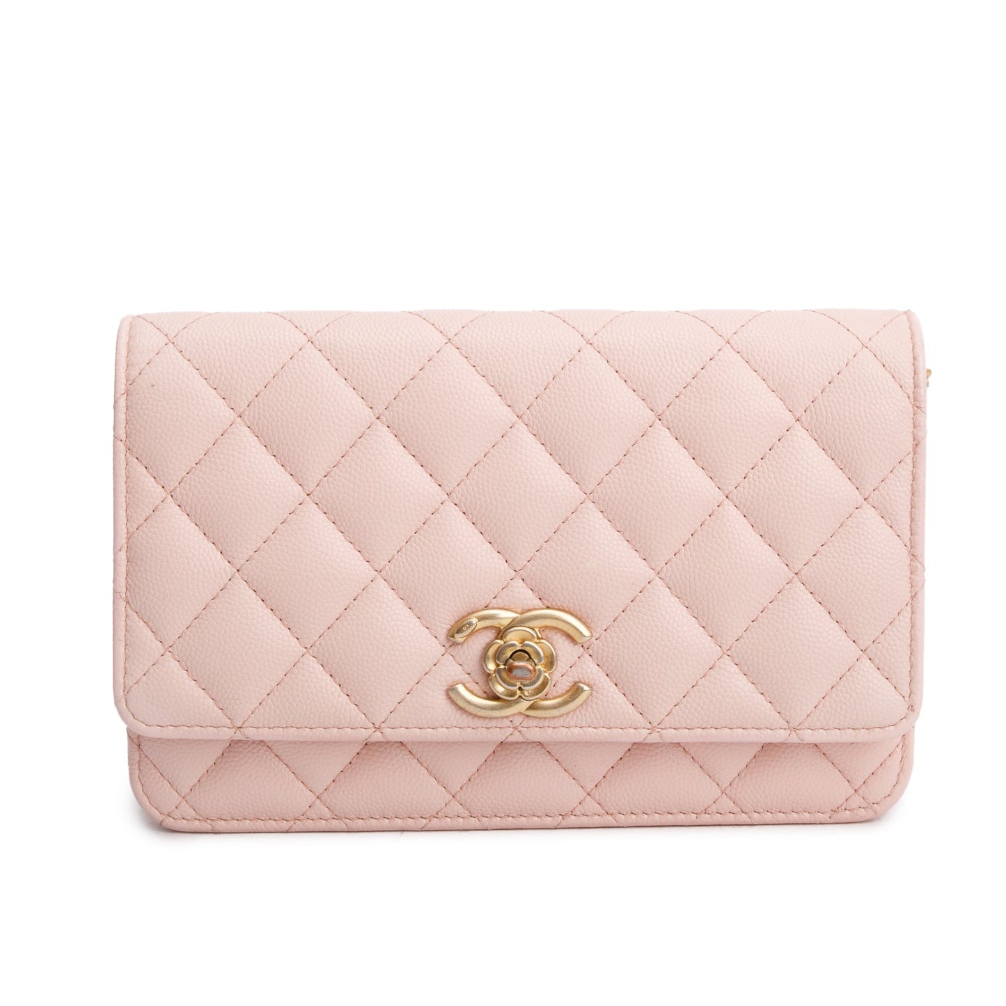 Chanel 2024 Pink Quilted Caviar Leather Camellia Classic Wallet on Chain