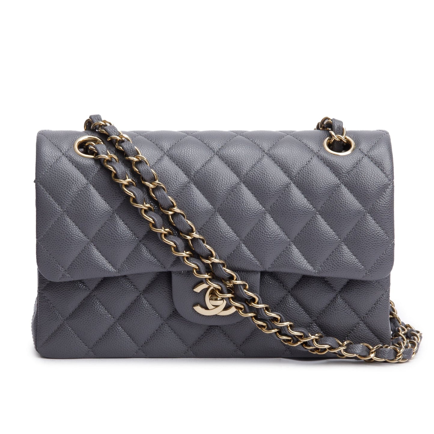 Chanel 2024 Grey Quilted Caviar Leather Classic Small Double Flap Bag