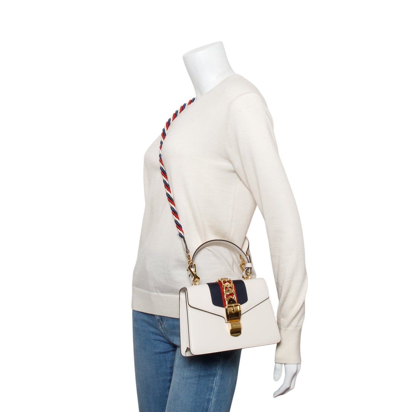 Gucci White Calfskin Leather Mini Sylvie Handle Bag