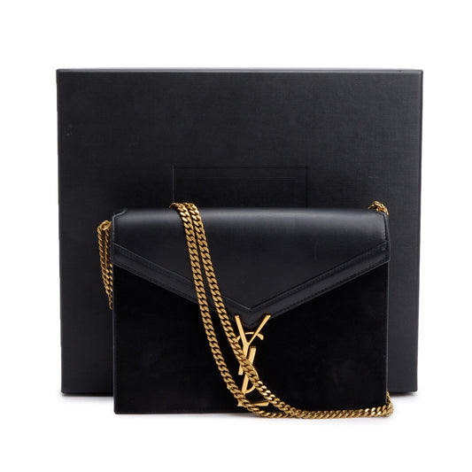 Saint Laurent Black Smooth Leather Suede Medium Cassandra Chain Shoulder Bag