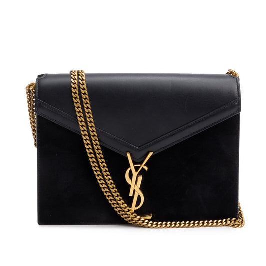 Saint Laurent Black Smooth Leather Suede Medium Cassandra Chain Shoulder Bag