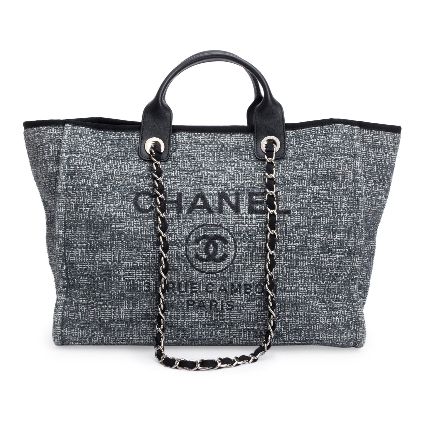 Chanel Grey Canvas Black Calfskin Leather Trim Medium Deauville Shopping Tote