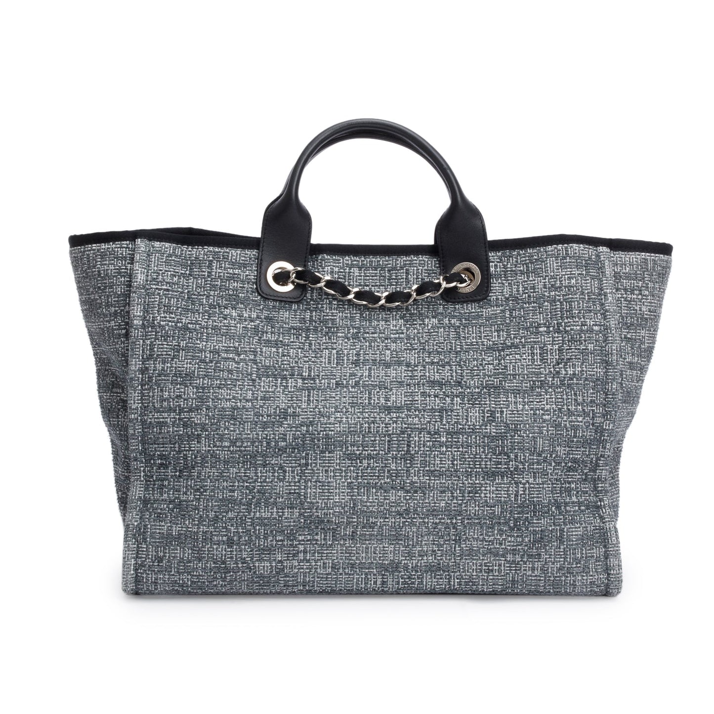 Chanel Grey Canvas Black Calfskin Leather Trim Medium Deauville Shopping Tote