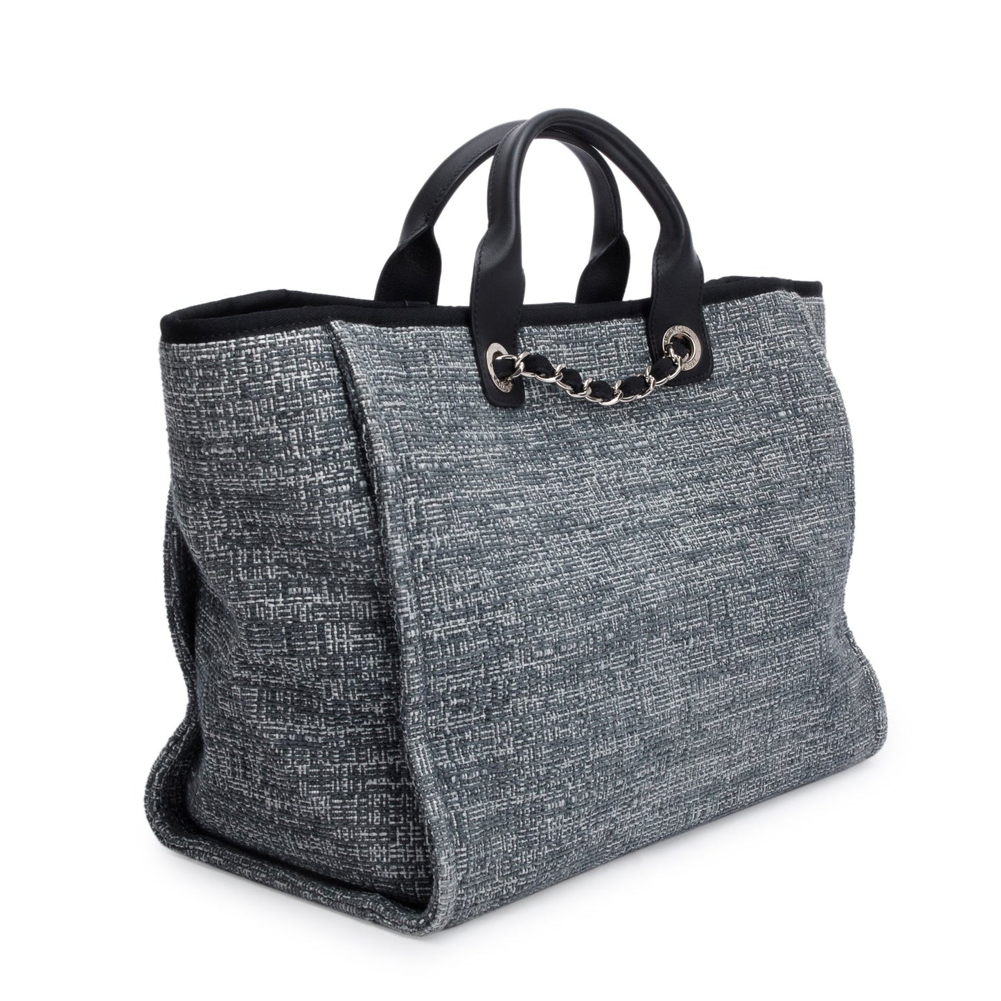 Chanel Grey Canvas Black Calfskin Leather Trim Medium Deauville Shopping Tote