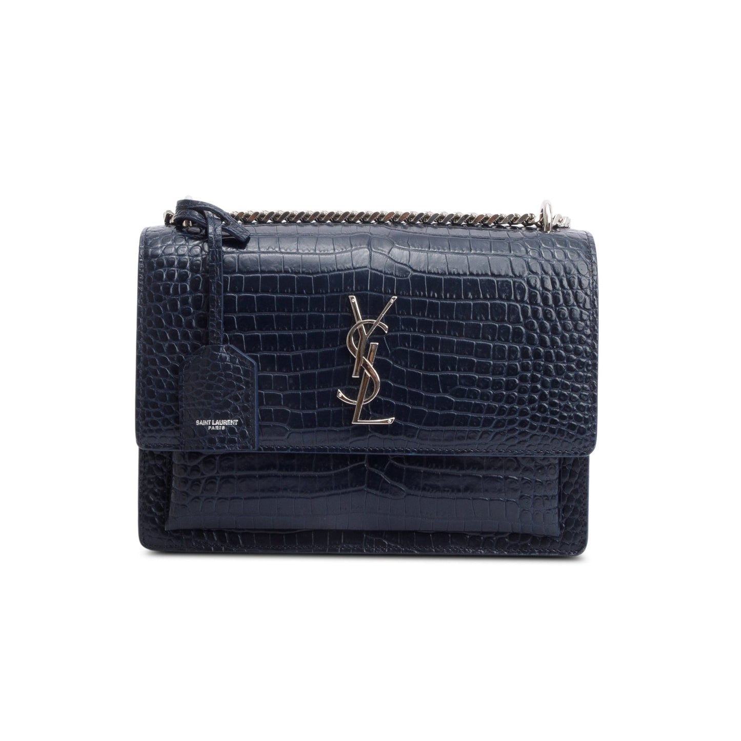 Saint Laurent Navy Croc Embossed Leather Medium Sunset Bag
