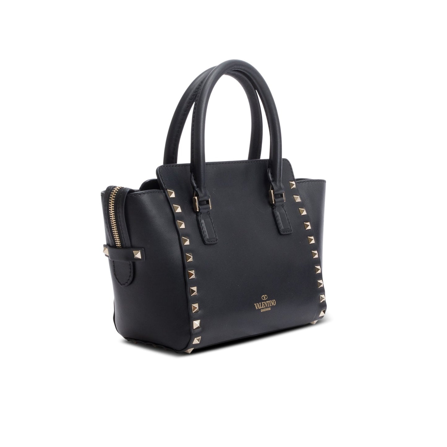 Valentino Black Smooth Leather Mini Rockstud Double Handle Tote