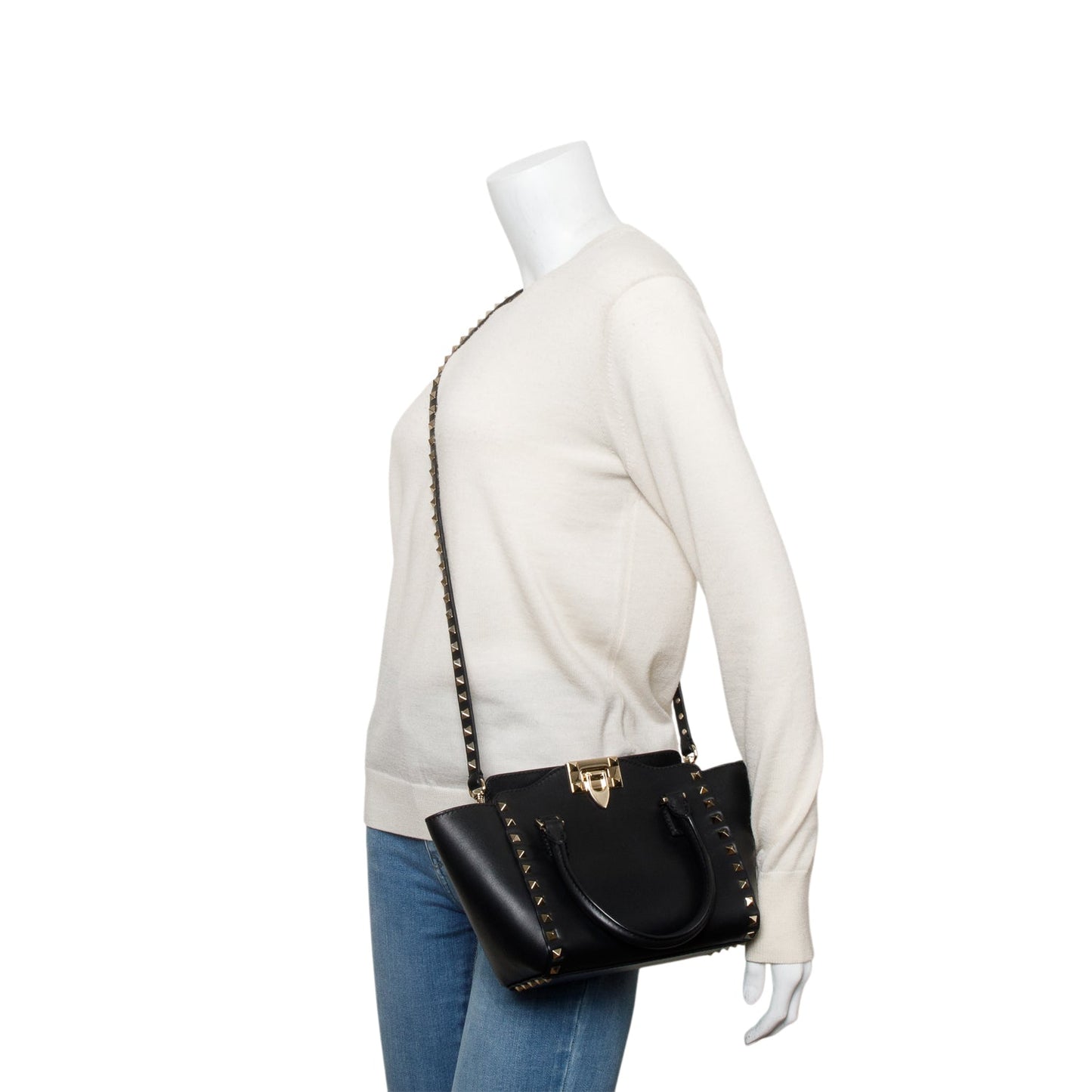 Valentino Black Smooth Leather Mini Rockstud Double Handle Tote