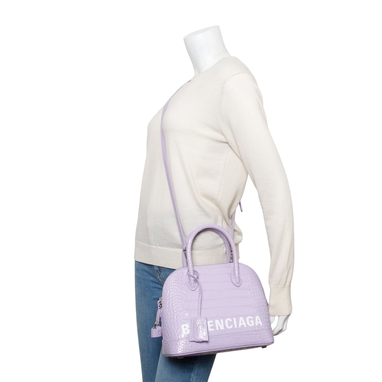 Balenciaga Lilac Shiny Calfskin Logo Croc Embossed S Ville Top Handle Bag