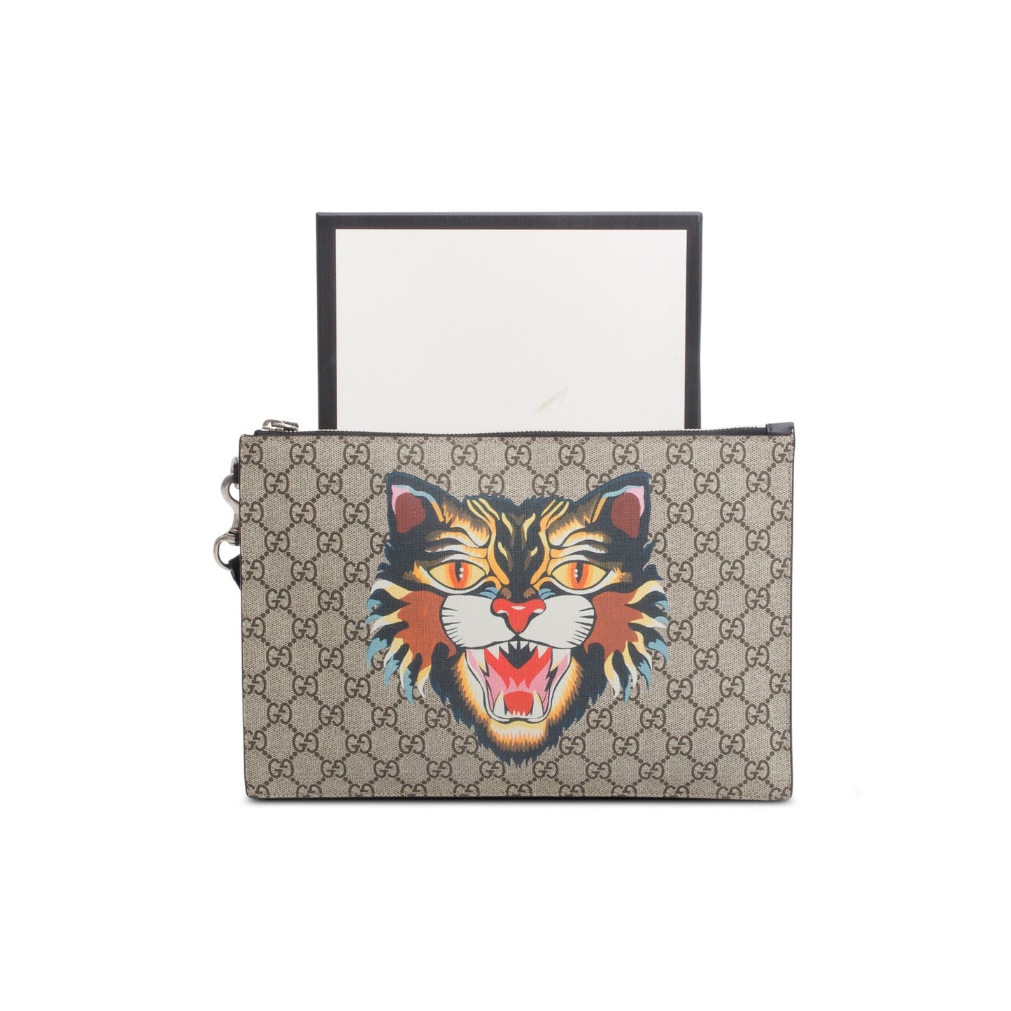 Gucci GG Supreme Monogram Angry Cat Zip Wristlet Pouch