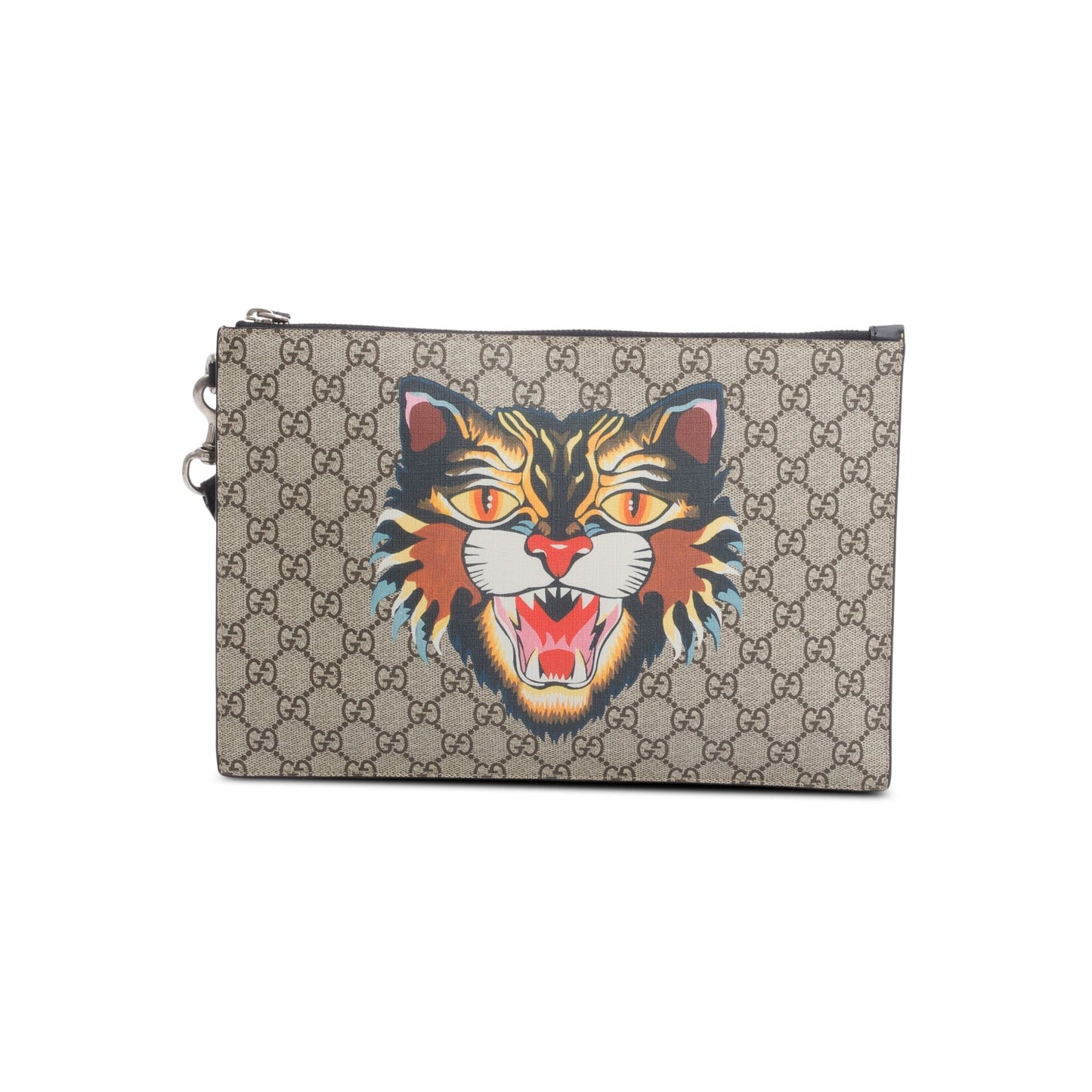 Gucci GG Supreme Monogram Angry Cat Zip Wristlet Pouch