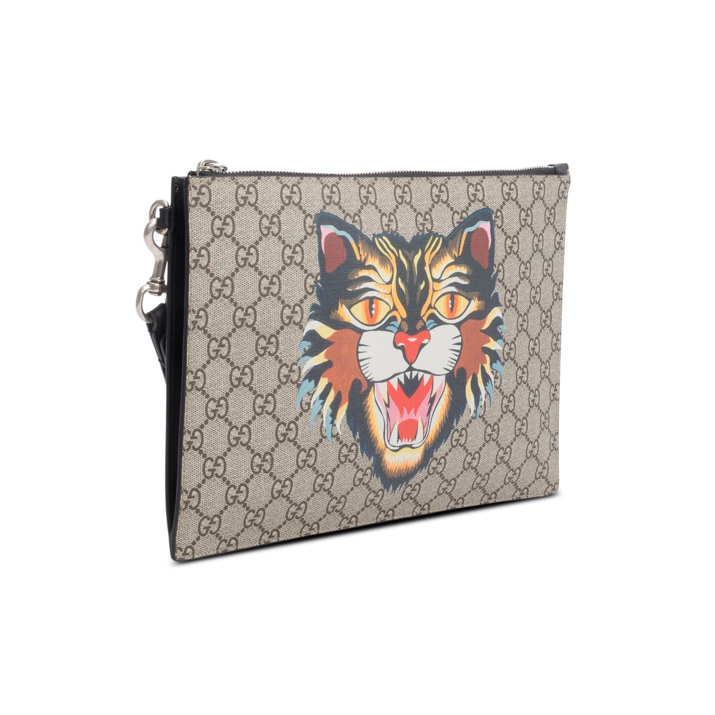Gucci GG Supreme Monogram Angry Cat Zip Wristlet Pouch
